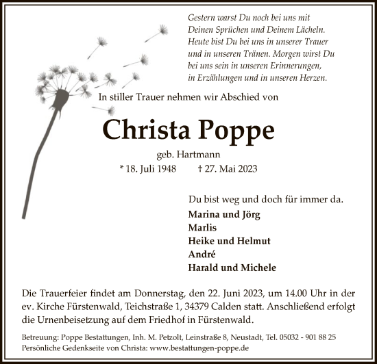 Todesanzeige von Christa Poppe von HNA