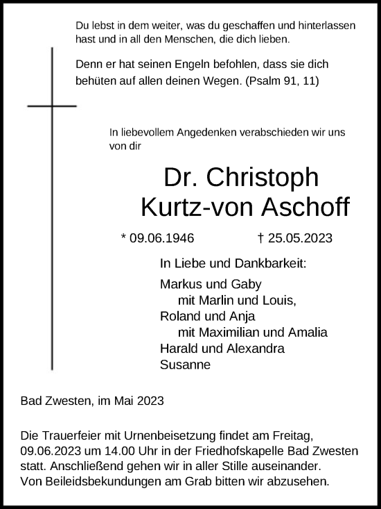 Todesanzeige von Christoph Kurtz-von Aschoff von HNA