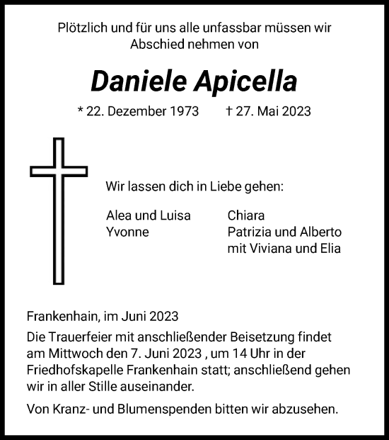 Todesanzeige von Daniele Apicella von HNA