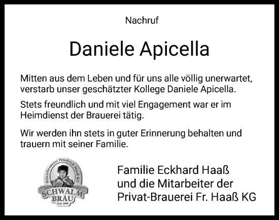Todesanzeige von Daniele Apicella von HNA