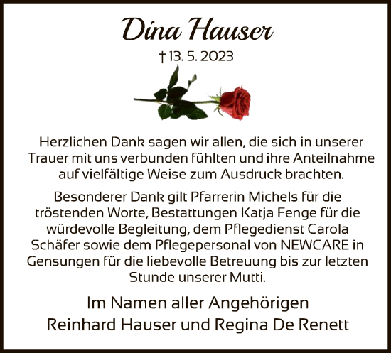 Todesanzeige von Dina Hauser von HNA