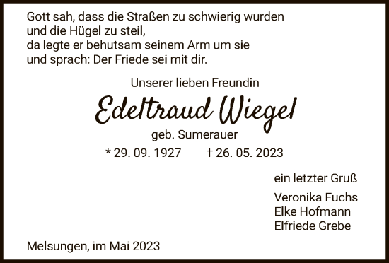 Todesanzeige von Edeltraud Wiegel von HNA