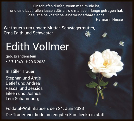 Todesanzeige von Edith Vollmer von HNA