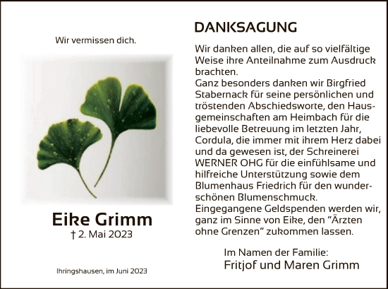 Todesanzeige von Eike Grimm von HNA