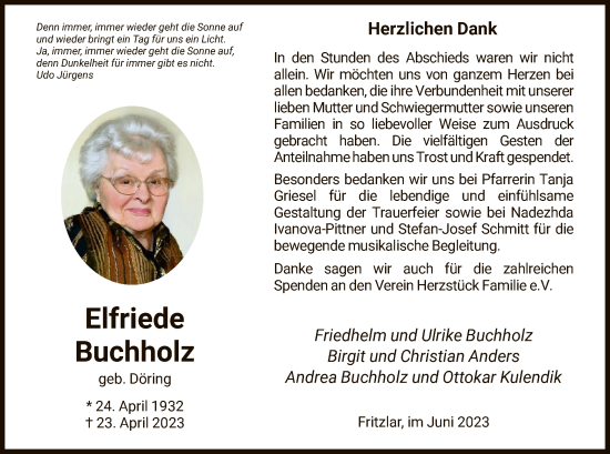 Todesanzeige von Elfriede Buchholz von HNA