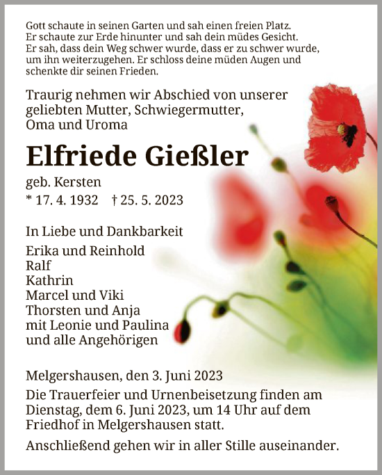 Todesanzeige von Elfriede Gießler von HNA