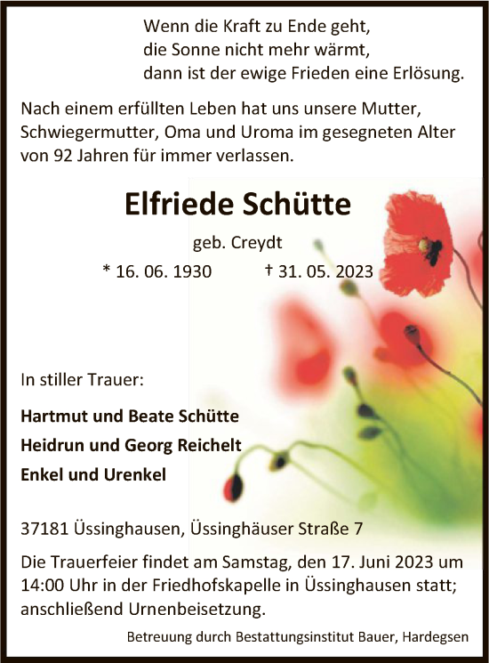Todesanzeige von Elfriede Schütte von HNA