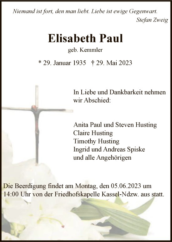 Todesanzeige von Elisabeth Paul von HNA