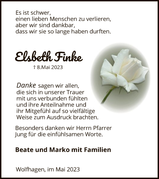 Todesanzeige von Elsbeth Finke von HNA