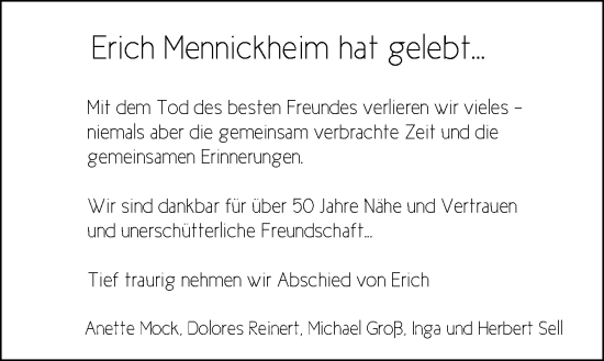 Todesanzeige von Erich Mennickheim von HNA