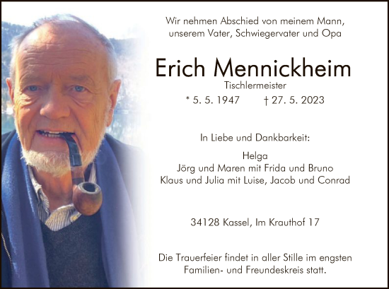 Todesanzeige von Erich Mennickheim von HNA