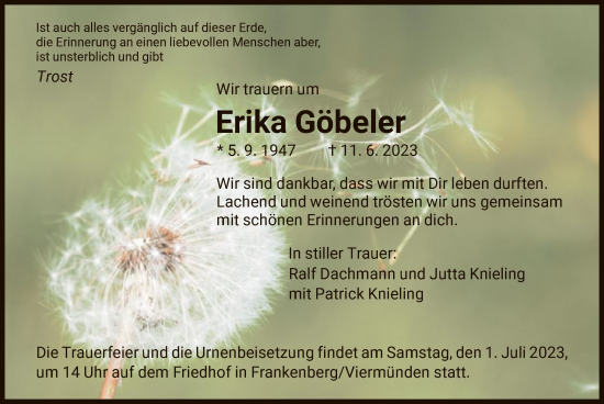 Todesanzeige von Erika Göbeler von HNA