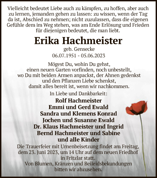 Todesanzeige von Erika Hachmeister von HNA