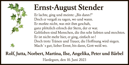 Todesanzeige von Ernst-August Stender von HNA