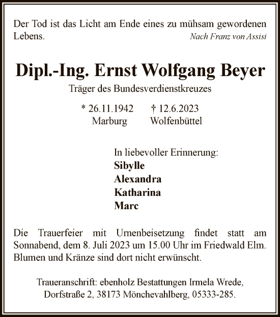 Todesanzeige von Ernst Wolfgang Beyer von HNA