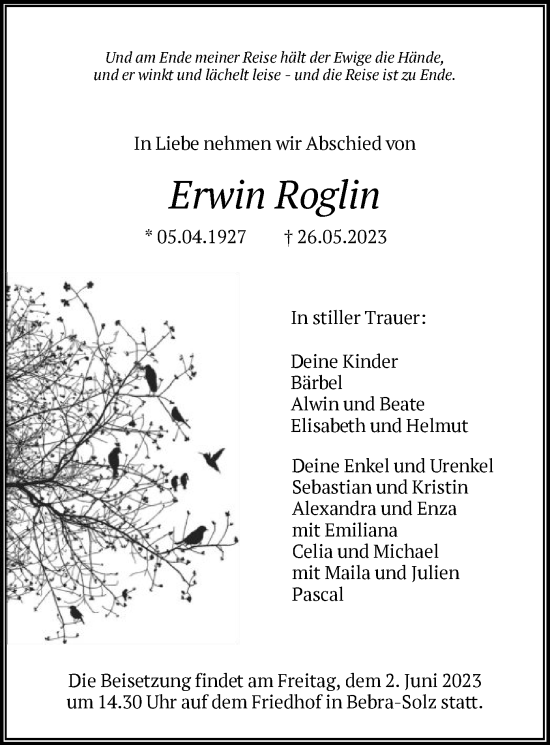 Todesanzeige von Erwin Roglin von HNA