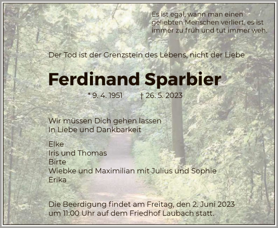 Todesanzeige von Ferdinand Sparbier von HNA