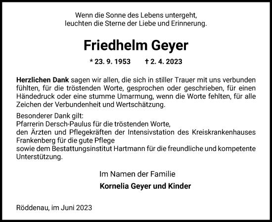 Todesanzeige von Friedhelm Geyer von HNA