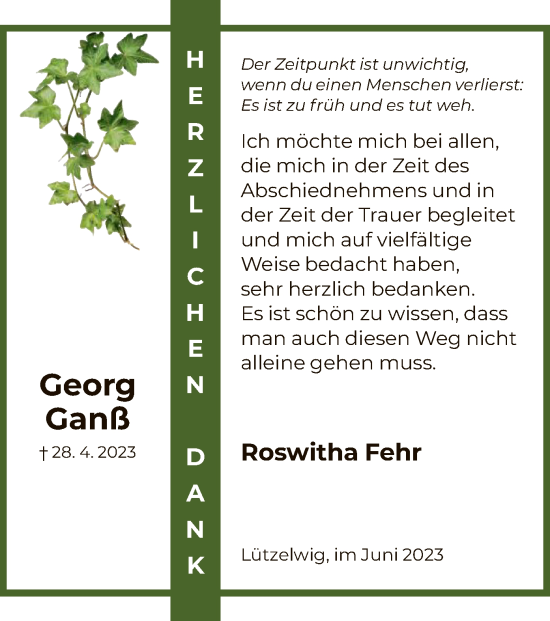 Todesanzeige von Georg Ganß von HNA