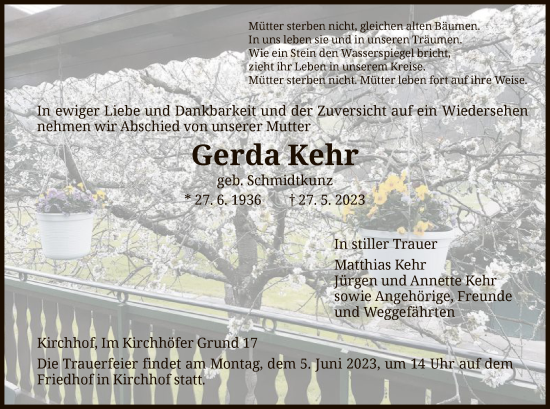 Todesanzeige von Gerda Kehr von HNA