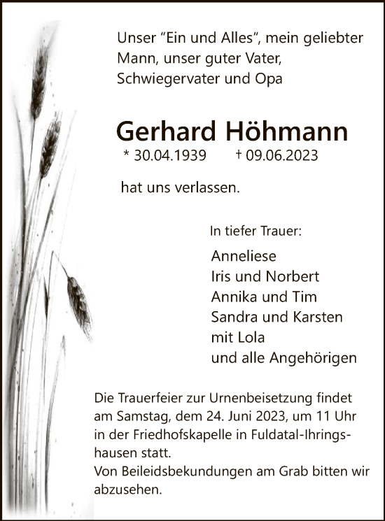 Todesanzeige von Gerhard Höhmann von HNA