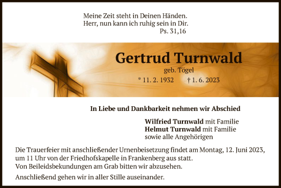 Todesanzeige von Gertrud Turnwald von HNA