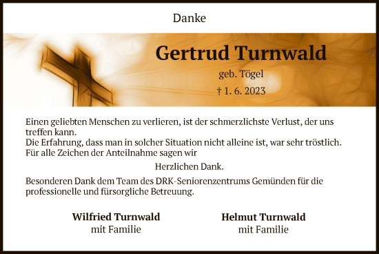 Todesanzeige von Gertrud Turnwald von HNA