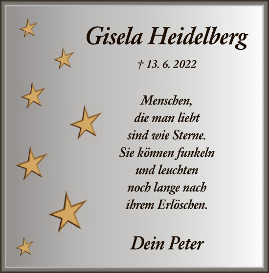 Todesanzeige von Gisela Heidelberg von HNA