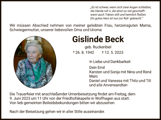 Todesanzeige von Gislinde Beck von HNA