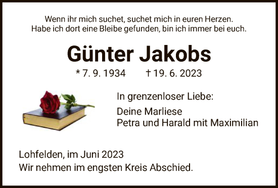 Todesanzeige von Günter Jakobs von HNA