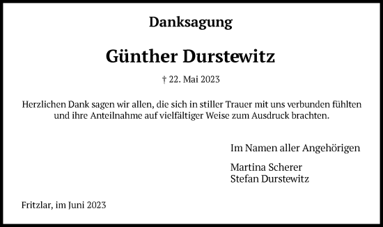 Todesanzeige von Günther Durstewitz von HNA