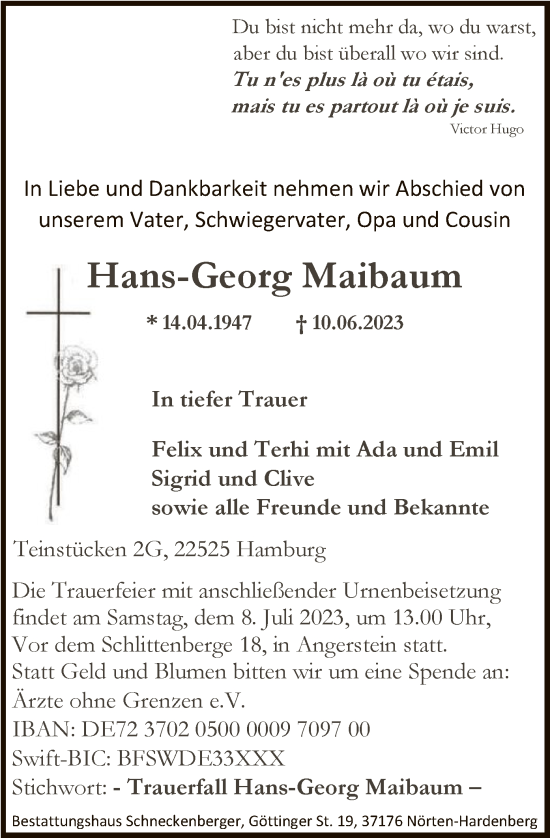 Todesanzeige von Hans-Georg Maibaum von HNA