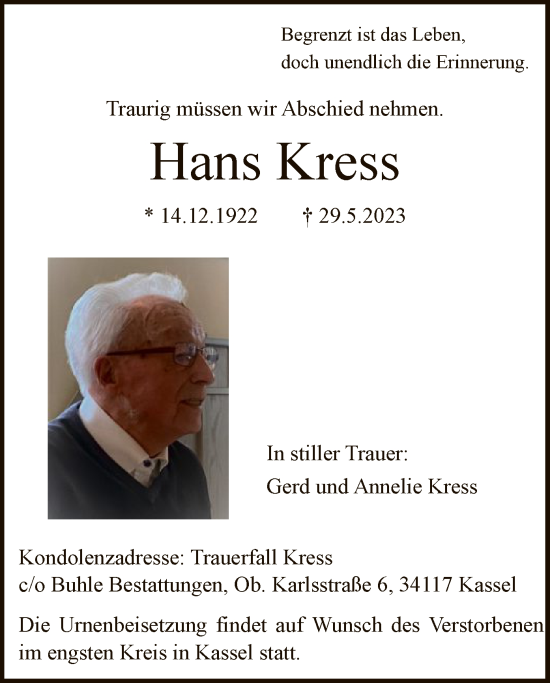 Todesanzeige von Hans Kress von HNA