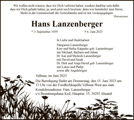 Todesanzeige von Hans Lanzenberger von HNA