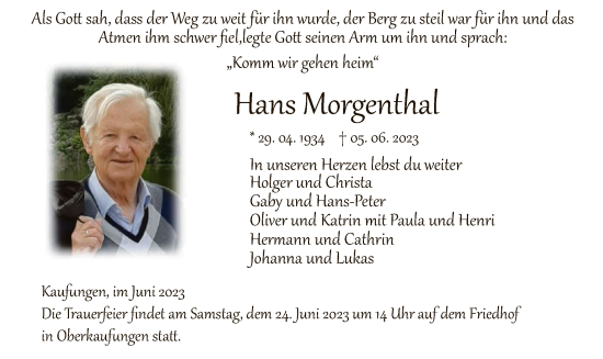 Todesanzeige von Hans Morgenthal von HNA