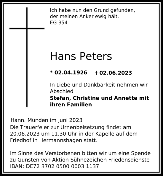 Todesanzeige von Hans Peters von HNA