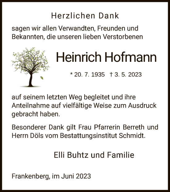 Todesanzeige von Heinrich Hofmann von HNA