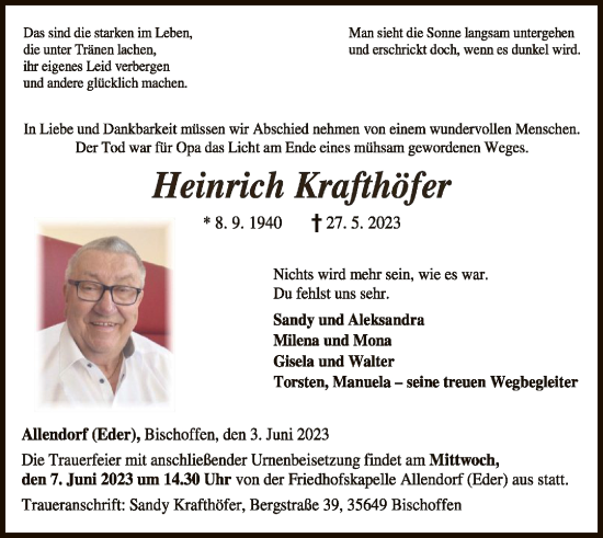 Todesanzeige von Heinrich Krafthöfer von HNA