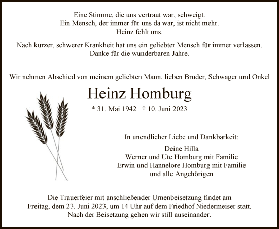 Todesanzeige von Heinz Homburg von HNA