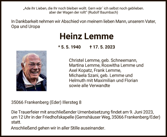 Todesanzeige von Heinz Lemme von HNA
