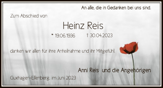 Todesanzeige von Heinz Reis von HNA