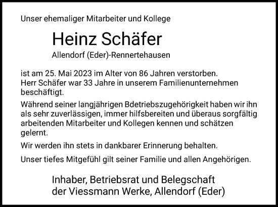 Todesanzeige von Heinz Schäfer von HNA
