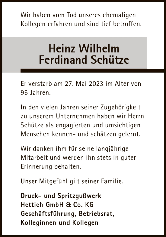 Todesanzeige von Heinz Wilhelm Ferdinand Schütze von HNA
