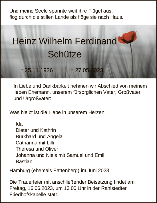 Todesanzeige von Heinz Wilhelm Ferdinand Schütze von HNA