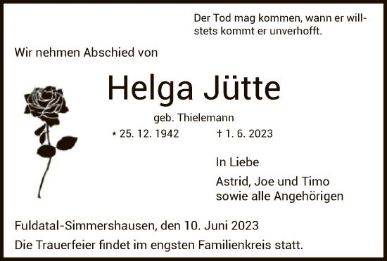 Todesanzeige von Helga Jütte von HNA
