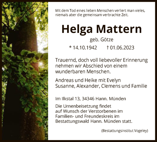 Todesanzeige von Helga Mattern von HNA