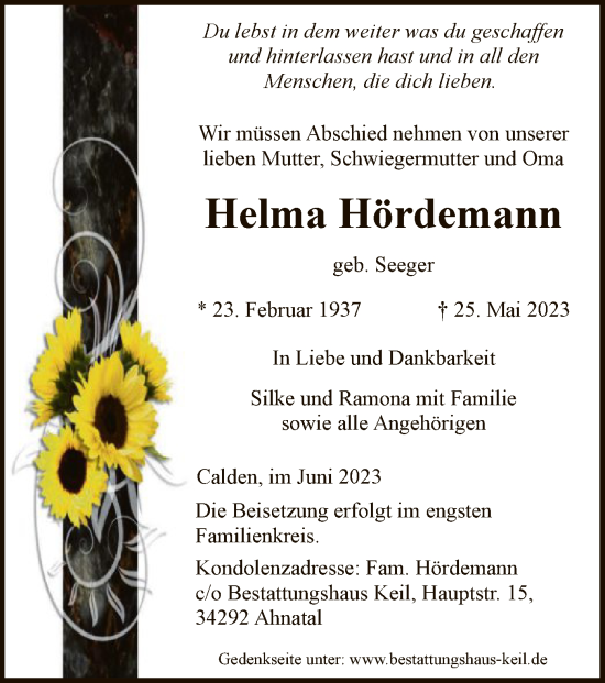 Todesanzeige von Helma Hördemann von HNA