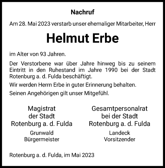 Todesanzeige von Helmut Erbe von HNA
