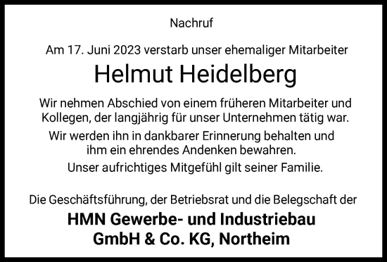 Todesanzeige von Helmut Heidelberg von HNA