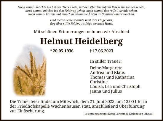 Todesanzeige von Helmut Heidelberg von HNA